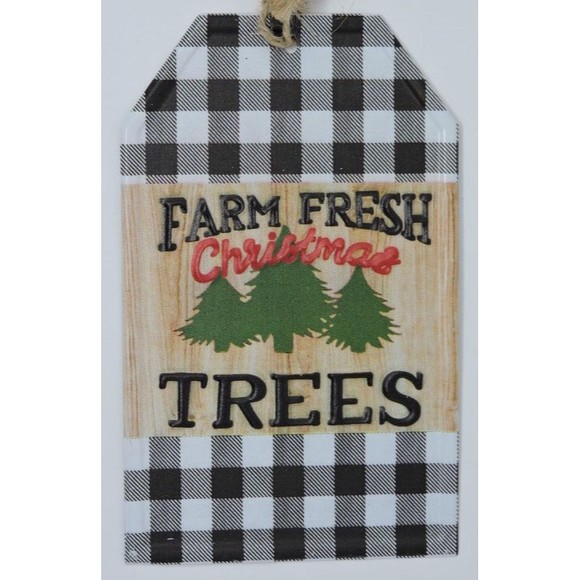 Metal Tag Ornament Farm Fresh Christmas Trees Black White Gingham 5x3in NEW - Picture 2 of 3